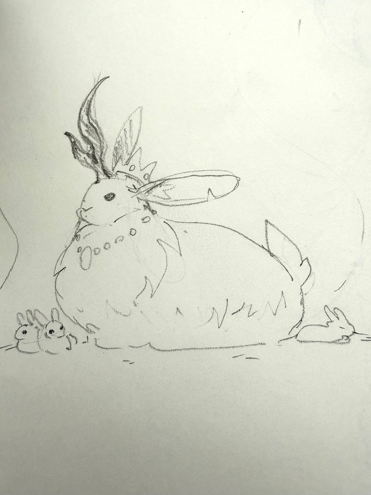 a sketch of a giant bunnicorn (bunny + unicorn) wearing a crown. some smaller bunnies are sitting near her