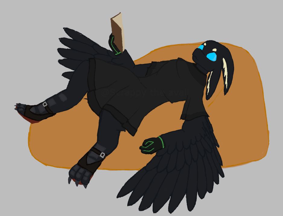 an Avali on a bean bag reading a book, its set of rabbit like ears droopy, and their wing lazily hanging by the side of the bean bag