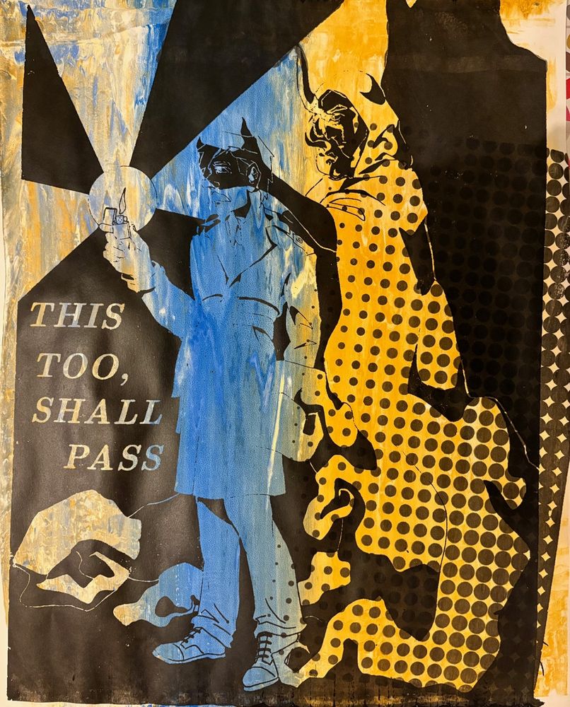 Black print of a previous illustration or Arthur with the lighter and jon covering his eyes with a marbled yellow white and blue background and black dithered shadow from behind jon