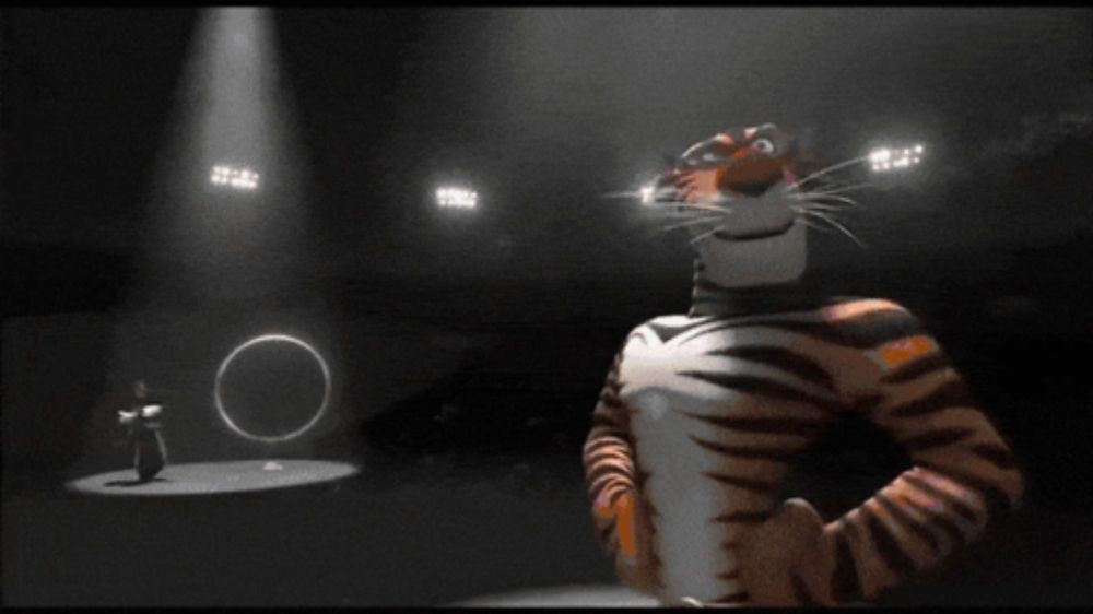 a cartoon tiger performs a trick with a hoop