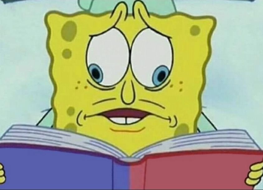 SpongeBob attempting to read two pages of a book at once