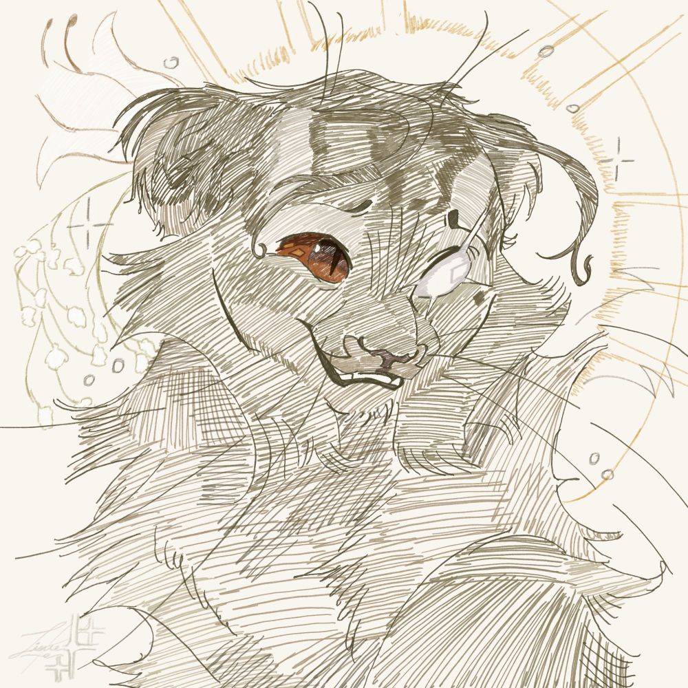 A Neutral Brown Feline Character with One Brown Eye and the Other scarred to look like a star, Looking sheepishly to the side. ( Head and Neck)