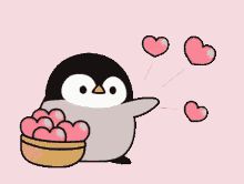 a penguin is holding a bowl of pink hearts and blowing them out