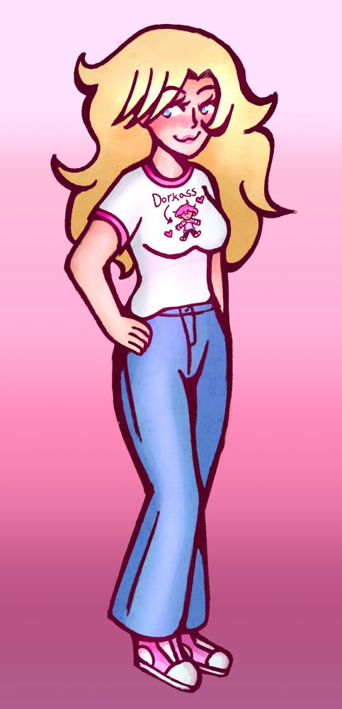 A full-body drawing of my friend aves' character Jennifer. She's got long fluffy blonde hair, blue eyes, and a cute cat-like smile. She's wearing a white t-shirt with pink accents, blue bell-bottom jeans, and pink and white sneakers. Her shirt says "Dorkass" with an arrow pointing to a mini badly drawn version of my friend Mel's character Juice. She poses with her hand on her hip.