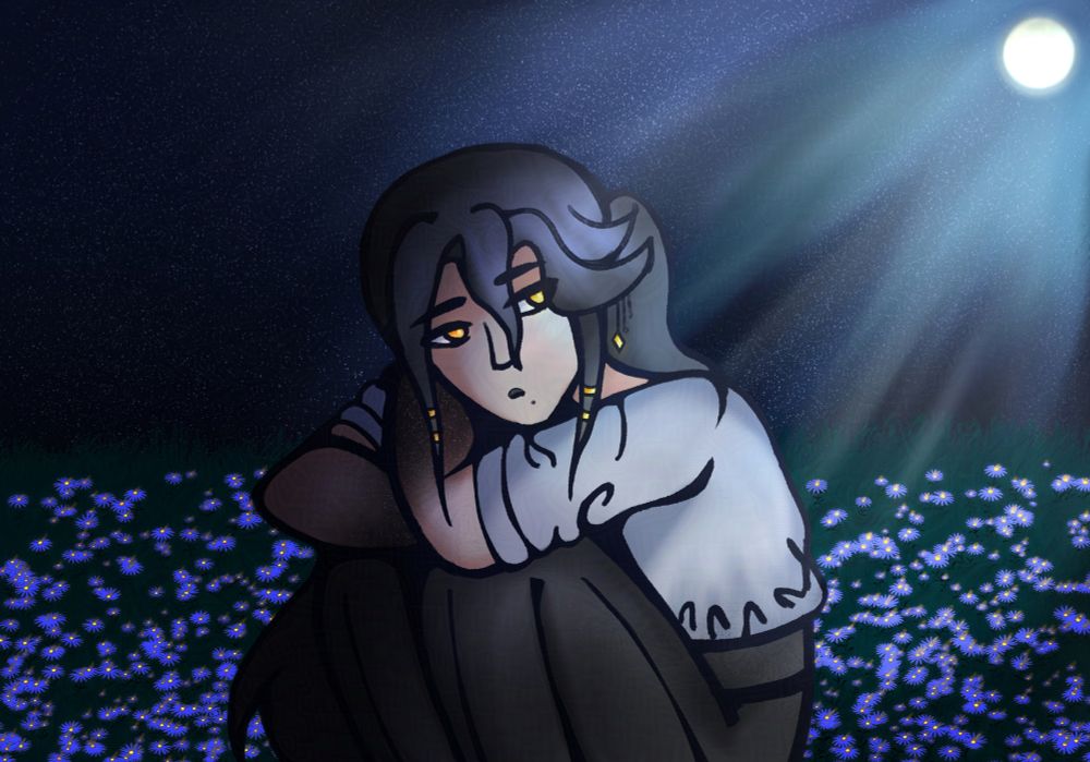 glazed art of my last art-fight submission, St1r00's character Aster sitting in a moonlit field of aster flowers. His knees are to his chest and he rests his head on his arms, looking out in the direction of the moon. The moonlight is very bright and the flowers are somewhat glowing the same colour as his eyes. I had a vision okay /j 
