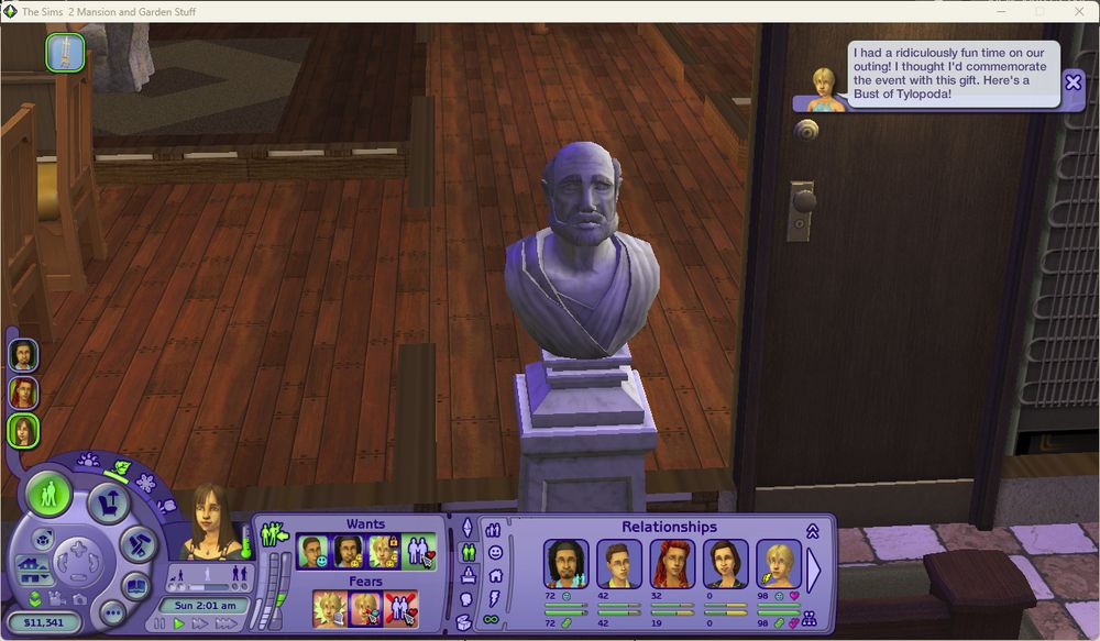 a screenshot of the sims 2. in the top left corner is a bust of a sim saying "I had a ridiculously fun time on our outing! I thought I'd commemorate the event with this gift. Here's a Bust of Tylopoda!" and in the middle of the screen is a huge ancient bust statue that looks like nothing a teenager should reasonably be able to acquire let alone drag all the way to the front door of an apartment.