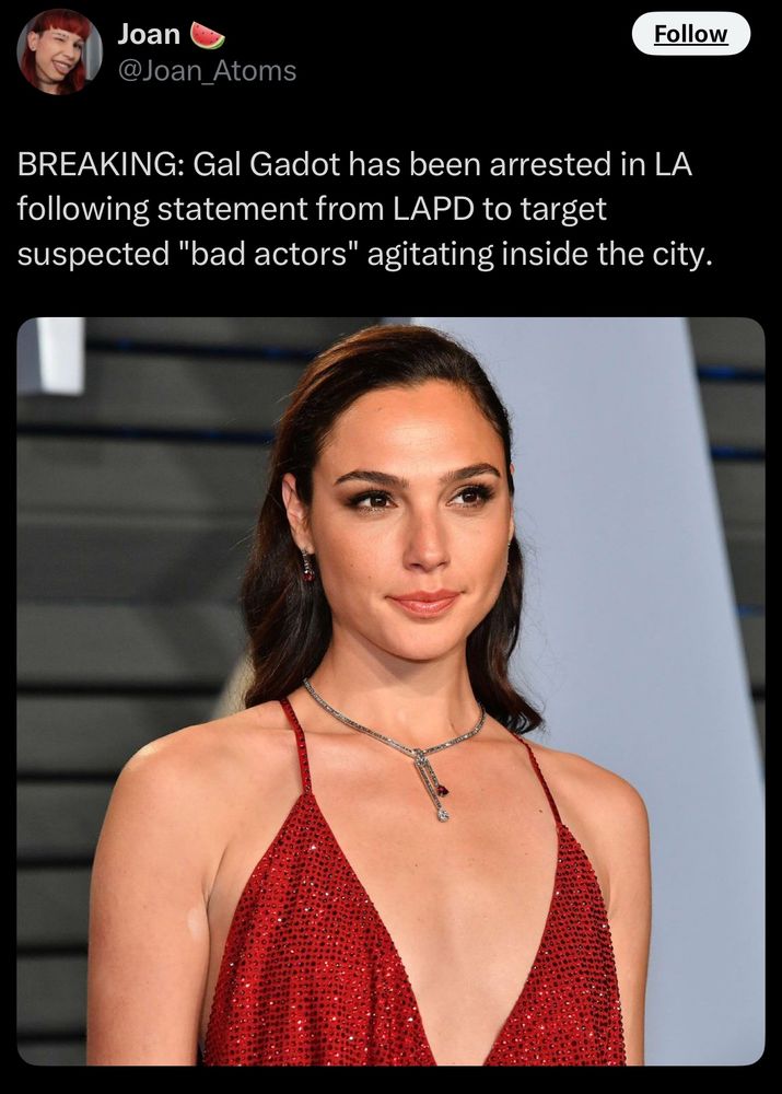 
@Joan_Atoms

BREAKING: Gal Gadot has been arrested in LA following statement from LAPD to target suspected "bad actors" agitating inside the city.