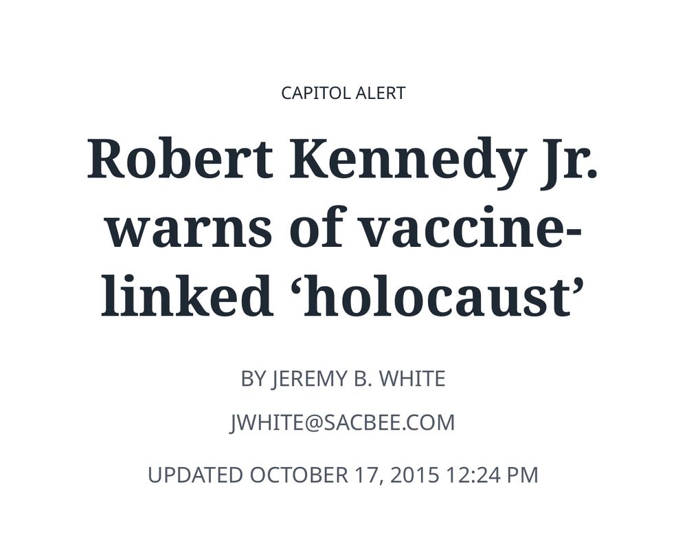 Robert Kennedy Jr. warns of vaccine-linked 'holocaust'
BY JEREMY B. WHITE
JWHITE@SACBEE.COM
UPDATED OCTOBER 17, 2015 12:24 PM