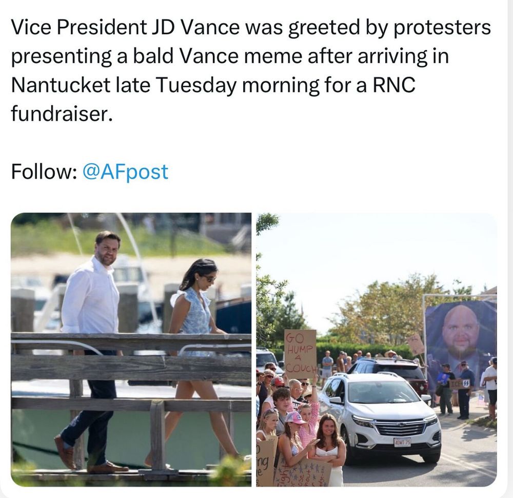 Vice President JD Vance was greeted by protesters presenting a bald Vance meme after arriving in Nantucket late Tuesday morning for a RNC fundraiser.
Follow: @AFpost
