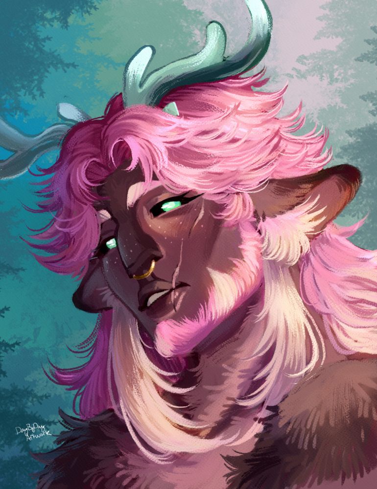 A portrait of a firbolg with brown fur, pink hair, and blue antlers looks down at the viewer