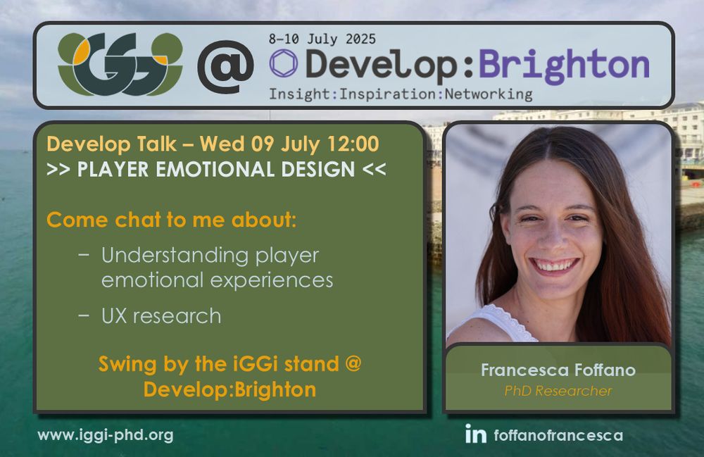Francesca Foffano - Develop Talk – Wednesday 9th of July at 12:00 noon about Player Emotional Design.
Come chat to me about Understanding player emotional experiences, or UX research.
