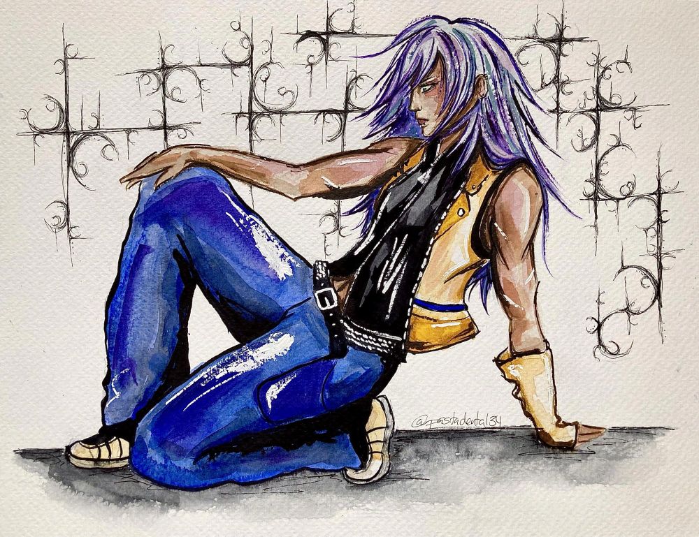 Fanart of kingdom hearts 2 Riku. He’s half sitting in his knee with his hand behind him. There’s some abstract patterns behind him 