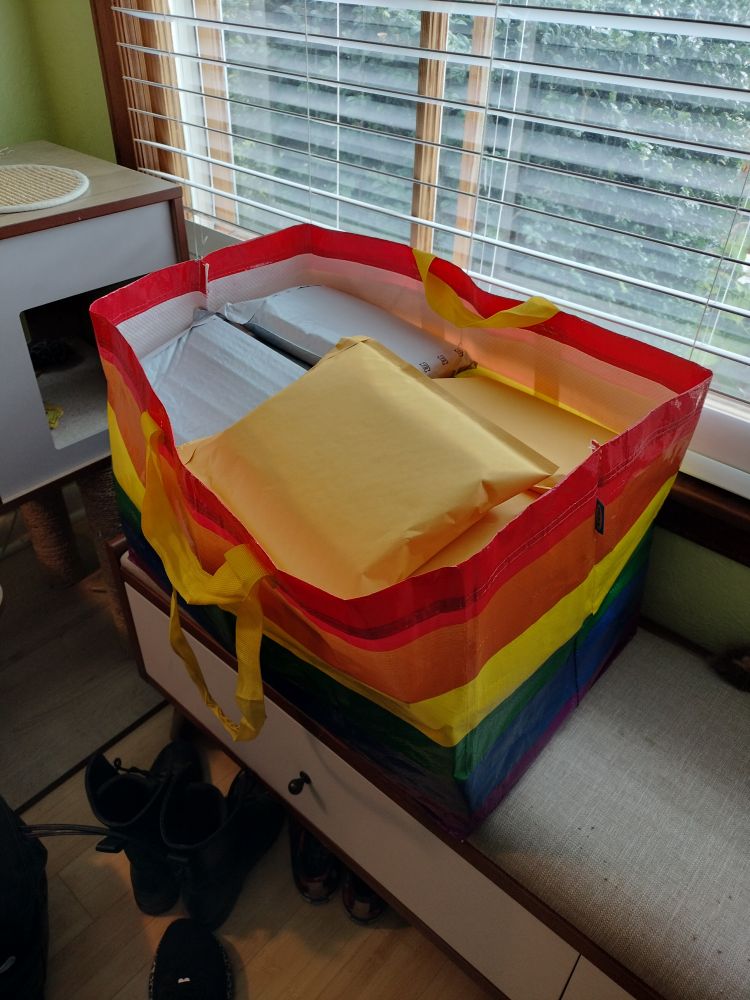 One of those huge IKEA rainbow tote bags large enough to hold a curled-up person, absolutely chock full of padded shipping envelopes containing books. It looks very heavy.