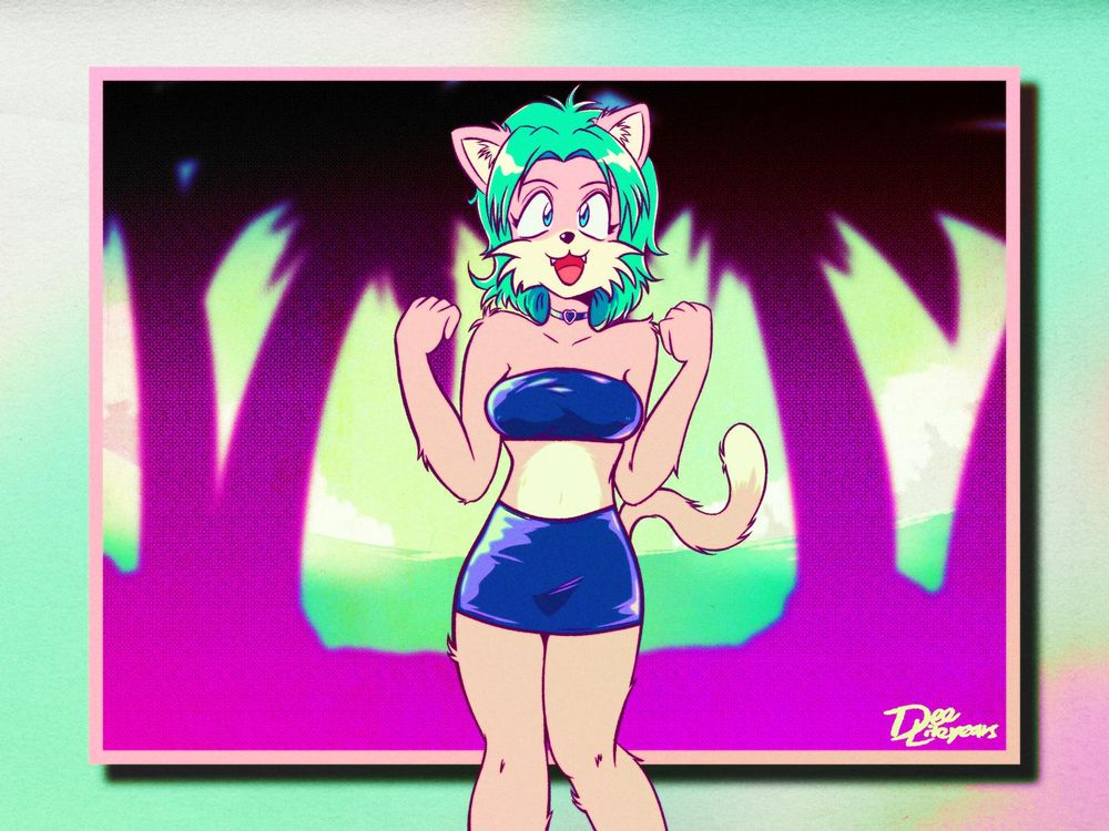 Anime drawing of a cat girl with light pink fur and green, shoulder-length hair. She wears a tight and shiny dark miniskirt and tube top, as well as a heart choker. The backdrop is a light-pink framed image of purple palmtree silhouettes, with a greenish ocean behind over a soft turquoise pink background with a papery texture