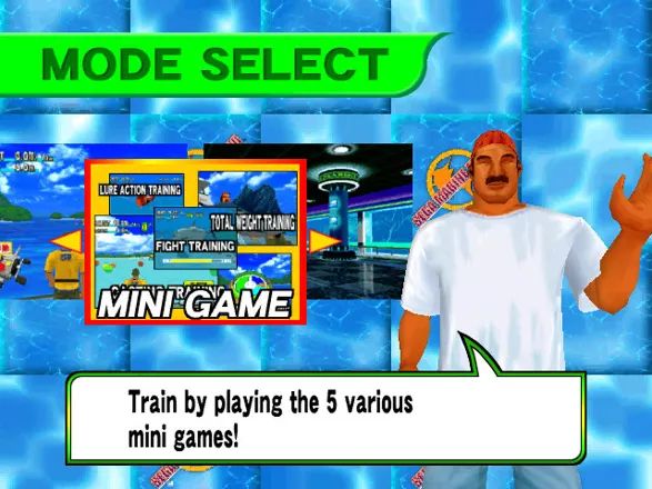 Screencap of Sega Marine Fishing's menu. On the right side there's Masala, a big dude with tanned skin and a mustache, wearing a red bandana, white t-shirt and jeans shorts