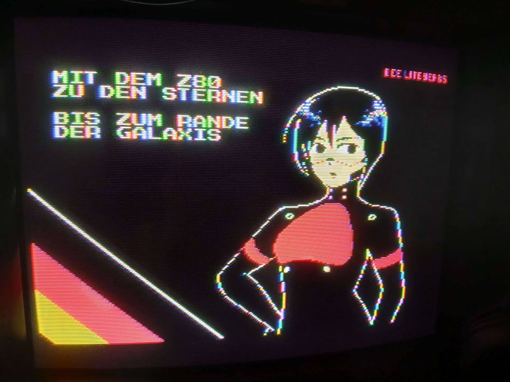 MSX Screen2 pixelart of Elster displayed via composite on a PVM. In the top left corner is the text "Mit dem Z80 zu den Sternen. Bis zum Rande der Galaxis" written in german