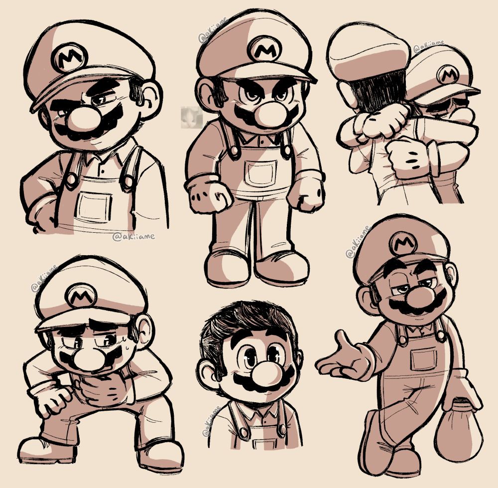 6 shaded sketches of Mario from The Super Mario Bros. Movie (2023). They're all redrawn from the movie itself, with the third sketch featuring Luigi as Mario hugs him tightly. The first sketch has Mario smirking smugly. The second sketch has him looking angry like a kitten. The fourth sketch has him taking a breath. The fifth sketch has him smiling cutely. The sixth sketch has him leaning to the right and giving another smug look.