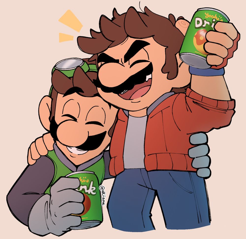 Digital art of Mario and Luigi in their new biker themed outfits from Mario Kart World for the Nintendo Switch 2. They are holding each other close, smiling and holding a can of Yoshi's Drink. Mario has his arm raised in the air like he's celebrating, while Luigi is just enjoying being close to his brother.