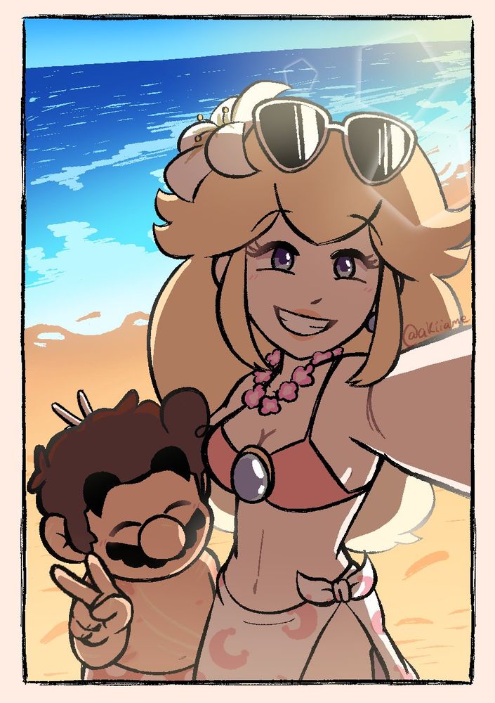 A colored art piece of Mario and Princess Peach that was created in 2023 on Valentine's Day. They are on a beach in their bathing suits, the ones from Super Mario Odyssey. They are smiling at the phone camera that Peach is holding up, with Mario doing the peace sign and Peach doing bunny ears behind his head to be silly.