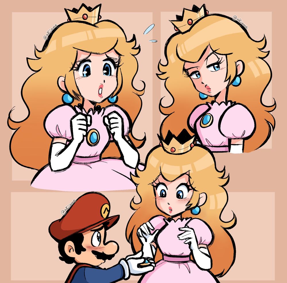 Three colored doodles of Princess Peach, the last one also featuring Mario. They are based on scenes from the 1986 film, Super Mario Bros.: The Great Mission to Rescue Princess Peach! The first two doodles are of Peach looking worried and then annoyed. The last one is of Mario giving Peach her lost brooch, both blushing.