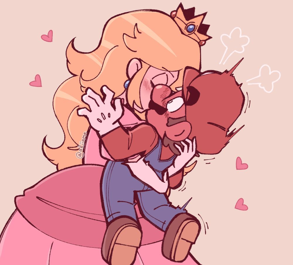 A simple colored piece of art starring Mario and Peach from the Super Mario series. Peach is holding Mario up by his torso and giving him a kiss on the lips. Mario has a look of severe astonishment, with his blush covering his entire face.