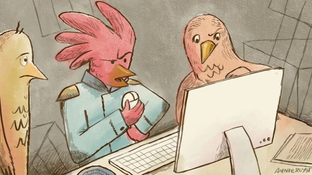 A bird with an annoyed look talking into a computer mouse; a reference to a Star Trek movie from the 80s.