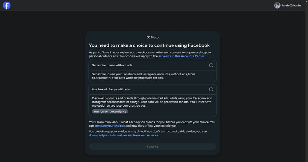 Screenshot of a Meta popup forcing user to pay money to keep data private or give permission for Meta to use data.