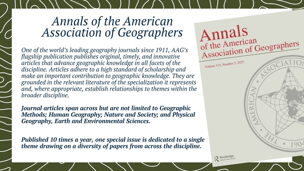 Description of the "Annals of the AAG," featuring the cover image of the journal against a white and green topographic background.