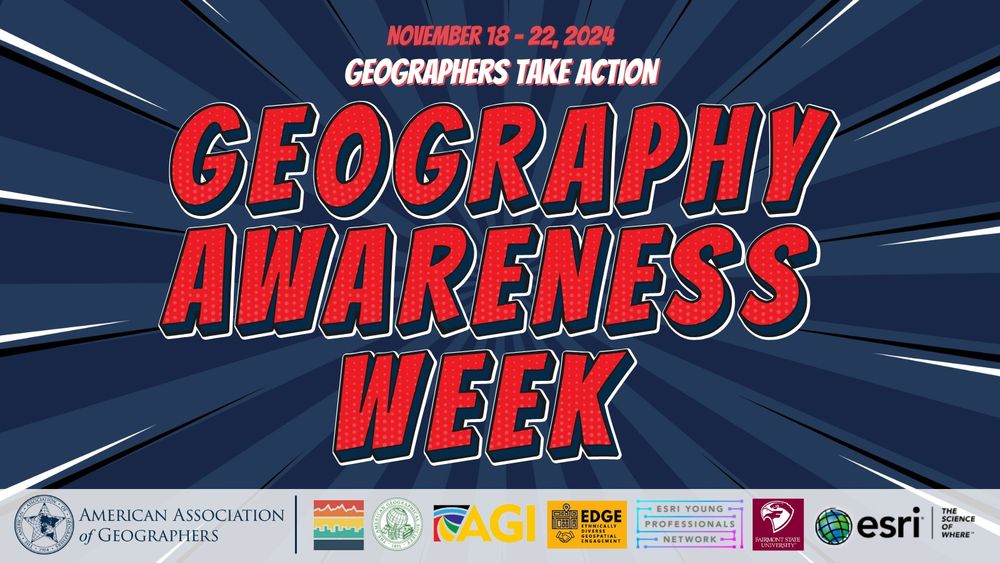 Main graphic of the 2024 theme of Geography Awareness Week: Geographers Take Action in a comic book-style theme. 