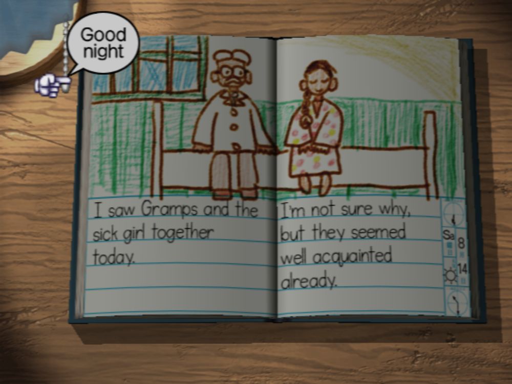 Boku no Natsuyasumi 2 Screenshot: Diary Entry from 8/14 that read, "I saw Gramps and the sick girl together today. I'm not sure why, but they seemed well acquainted already."
