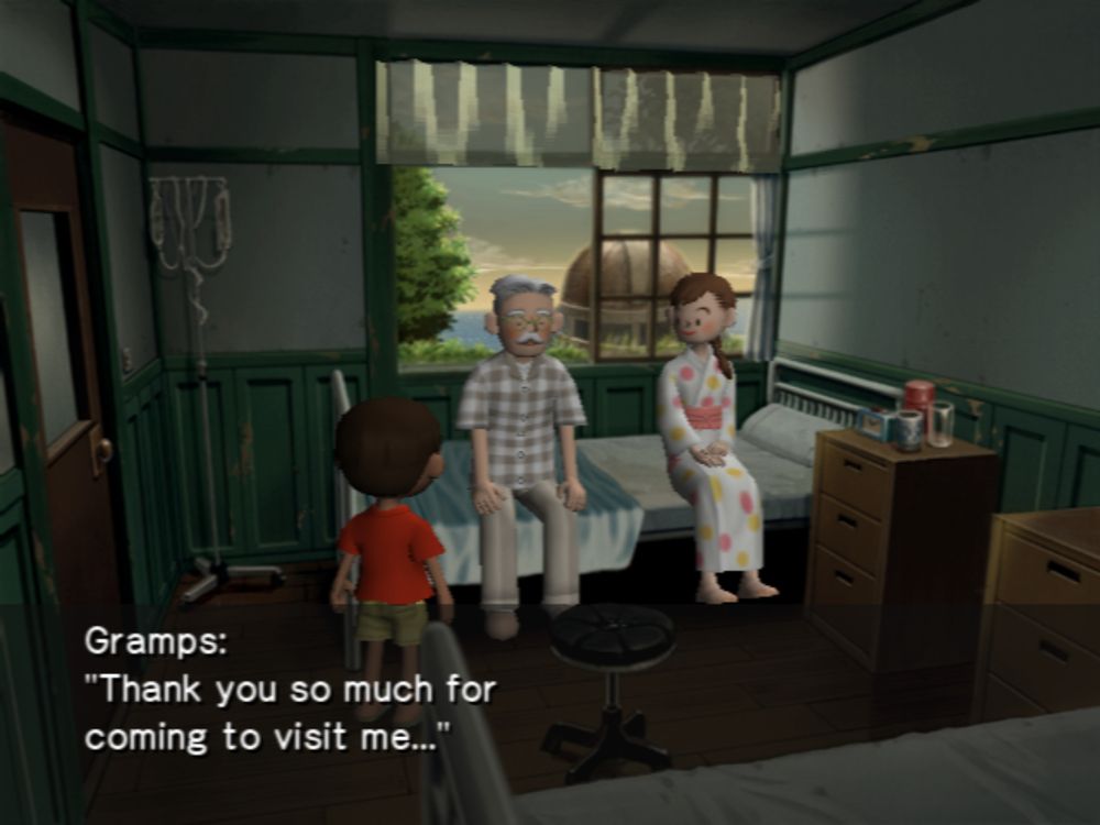 Boku no Natsuyasumi 2 Screenshot: Boku in the clinic with Gramps and the mysterious sick girl. Gramps says, "Thank you so much for coming to visit me..."