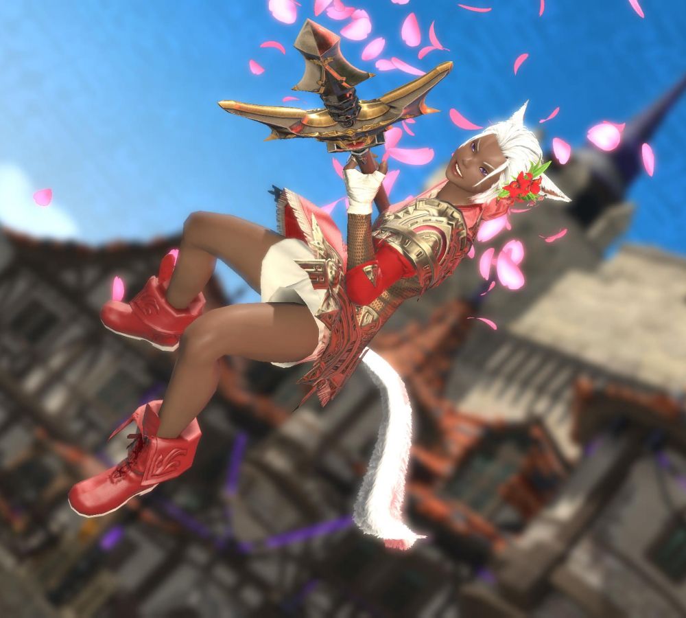 My WoL Sidra Elding, a Black Miqo'te with white hair and purple eyes jumping in the air with a large spear