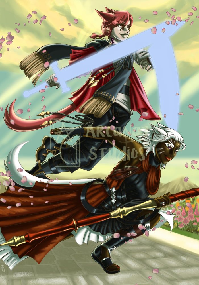 Sidra, a Black Miqo'te with white hair and purple eyes, wears red and black robes. She's in a lunge pose with lance in hand, determinedly glaring off screen. Behind her is G'raha Tia, a redhead Miqo'te, leaping into the air with a glowing sword and shield ready to strike. 