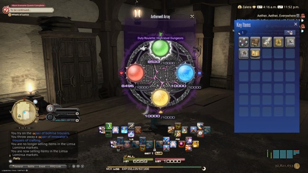 Screenshot of the aetherwell array, showing that two of them are full and two of them are around 8500.