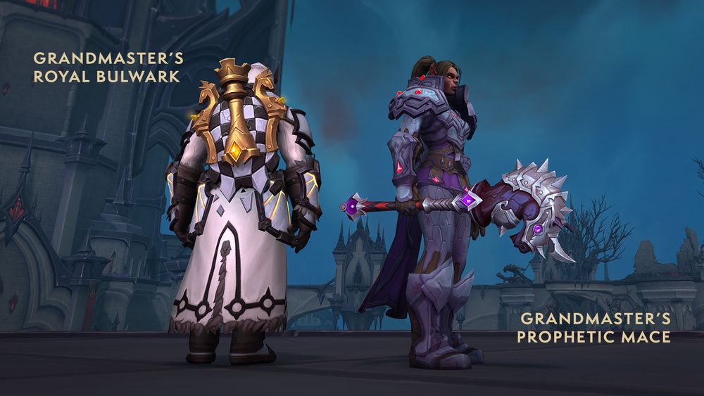 In the center of the image, there are two humanoid figures standing next to each other, wearing similar chess-style transmog armor but with different color schemes. 

The figure on the right has a red and black scheme, with silver metal trimmings along the edges. The shoulder pieces are large Rook chess pieces that are a dark black with a purple hue. The helmet is a large chess piece with a glowing purple gem in the middle. The belt buckle resembles black and red tiles from a chessboard. The text on their right side reads, “Grandmaster’s Prophetic Attire Transmog”.

The figure on the left has the same type of armor but with a white and black color scheme instead. The silver metal trimming around the edges is now gold. The purple hue to the pieces around the shoulders and helmet is gone, and they are a pure black chess piece color instead, with a gold colored gem in the middle of the helmet instead of purple. The text on their left side reads, “Grandmaster’s Royal Attire Transmog”.

In the background, both figures are standing on a rooftop, and another building with large red glass to the right of the image is behind them.