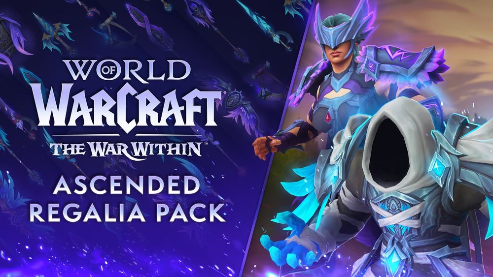 On the left side of the image is the World of Warcraft: The War Within logo. Below the logo is the text "Ascended Regalia Pack." Both texts are set against a purple gradient background, with various weapons patterned in the background. On the right side of the image are two figures; the first figure in the background depicts a character wearing light silver and purple armor. Their pauldrons are large with feathers poking out from under the plate. They are wearing a circlet that covers their eyes and has wings poking out of the side of their head. In the foreground, the figure is wearing a grey hood that completely obscures their face, leaving only a black hole in the center. They are wearing silver and teal blue armor with teal crystals all over their pauldrons and breastplate.  
