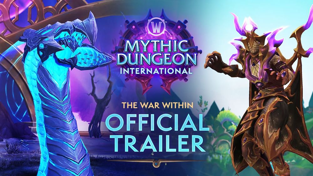 On the left side of the image is Azhiccar, a giant blue worm-like creature. In the center of the image is the Mythic Dungeon International logo. Under the crest, text reads, "The War Within," and "Official Trailer." On the right side of the screen is Soul-Scribe.
