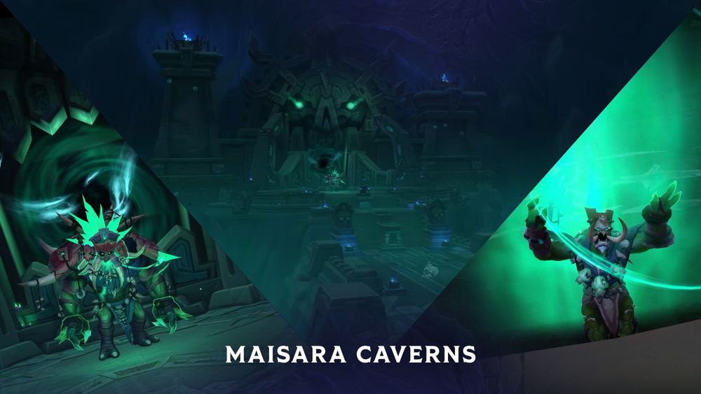 The image is split into three, showing Troll-like enemies in various areas of the green-tinted caverns. Text on the image reads “Maisara Caverns”. 