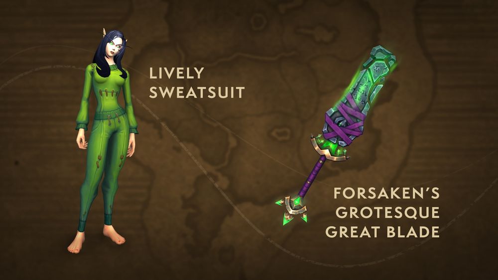 LIVELY SWEATSUIT & FORSAKEN’S GROTESQUE GREAT BLADE
An image of a blood elf player character wearing the labeled Lively Sweatsuit Transmog Ensemble to the left and the labeled Forsaken’s Grotesque Great Blade Weapon Appearance to the right. The blood elf’s entire outfit consists of a vibrant green sweater and sweatpants, with a pouch on the belly and crude stitching along the seams. The large two-handed sword’s blade appears to be made of a broken tombstone with pieces floating in place, surrounded by green glowing energy. The base of the blade is chaotically wrapped in purple leather, with matching wraps around the long handle. A close-up section of the in-game map of Azeroth fills the background.