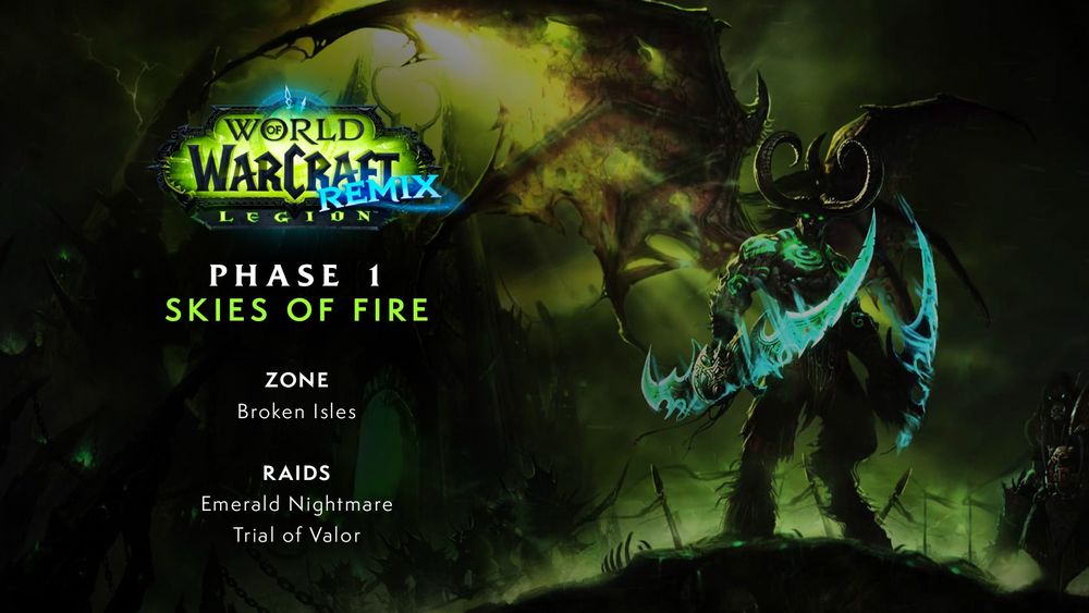 The image features Illidan, the World of Warcraft: Legion Remix logo, and text that reads “Phase 1: Skies of Fire,” “Zone: Broken Isles,” and “Raids: Emerald Nightmare, Trial of Valor”.