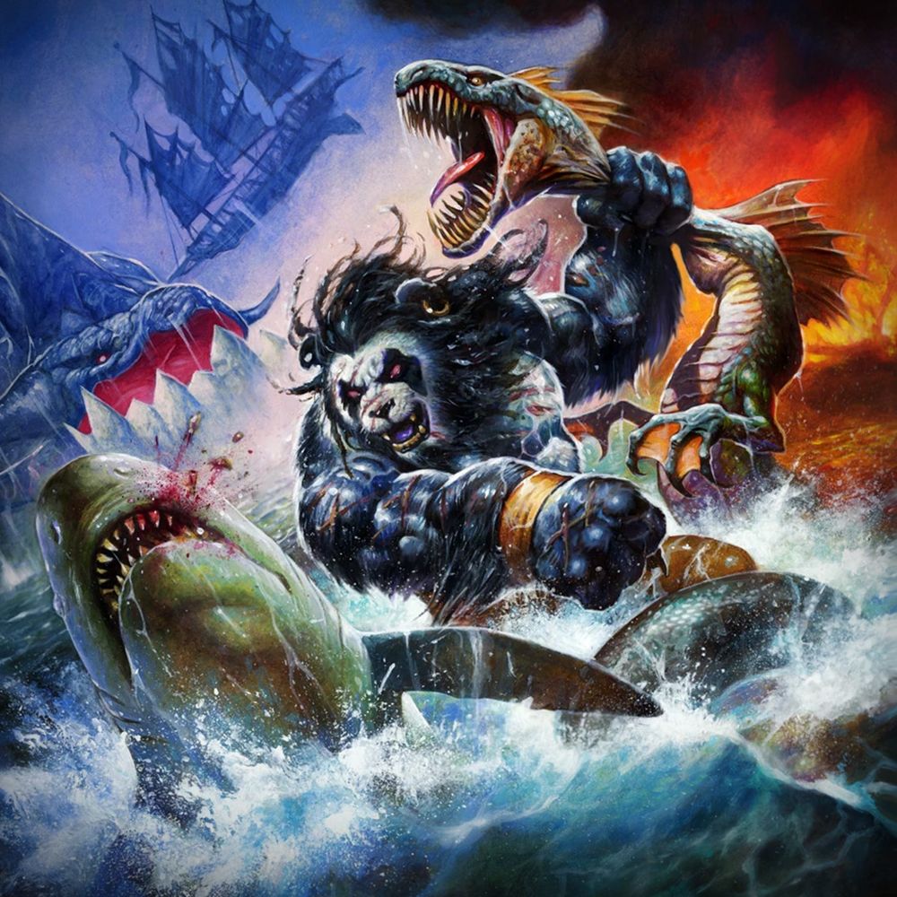 In the center of the image, there’s a large, muscular Pandaren, black and white fur and full of feral tenacity. The Pandaren is in the middle of the open sea, and surrounded by aggressive creatures such as sharks. In the distance, a gigantic creature is swimming towards the Pandaren, looking to take a bite. The Pandaren is fighting back. He just fully landed a punch against a shark in front of him. The shark's mouth is spitting blood. Many fresh battle scars on the Pandaren. Further in the distance of the image, there’s a burning ship in the upper right corner.