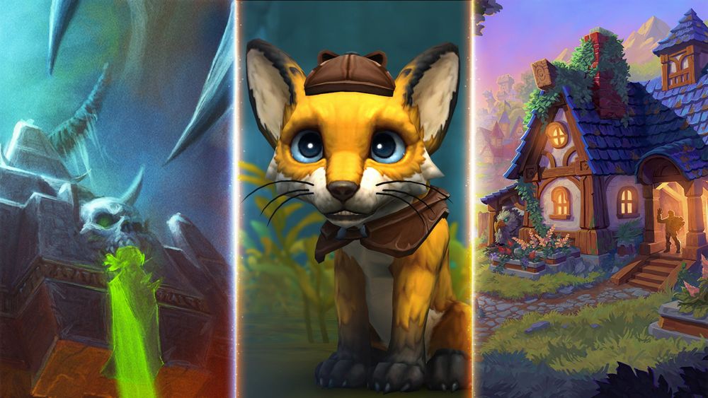 An image divided horizontally into three sections. The left section features a view of the floating citadel Naxxramas beneath a murky sky. A skull protrudes from the pyramid-like building, with a sickly green liquid pouring from its mouth. The middle section features the companion fox pet, Reven, with brown and white fur and a brown detective cloak and hat. The right section features an illustration of a human-themed player house on the outskirts of Stormwind, with white walls, a blue roof, and warm glowing windows. 