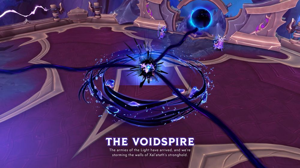 In the center of the image is a humanoid, standing amidst a swirling vortex of void energy. The void energy is black and purple, the vortex a mix of energy swirls and what looks to be shattered crystals. The energy coalesces upon the humanoid in the center. The location is atop a rocky outcropping with red masonry and golden accents. In the background, two humanoid figures seem to be working magic upon what looks like a sphere of void energy in a gate. The humanoids are clad in purple armor, their body looking ethereal. Text at the center of the image reads “THE VOIDSPIRE.” Below that reads “The armies of light have arrived, and we’re storming the walls of Xal’atath’s stronghold.”