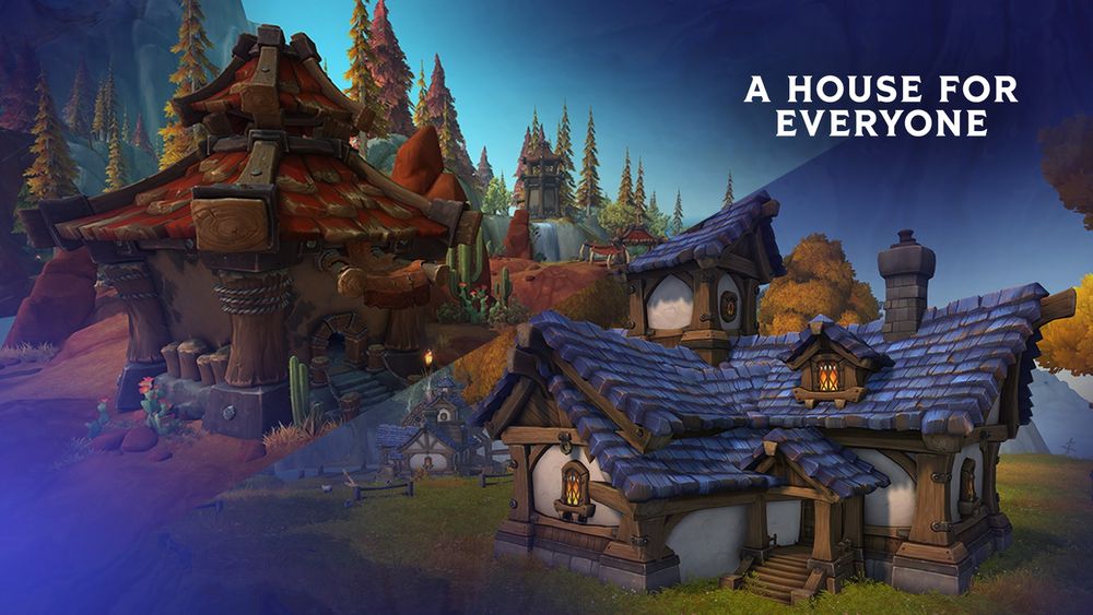 The image is cut diagonally from the bottom left to the top right. The image in the left corner shows an example of a Horde home; it’s a hut-like house with a red roof and dark brown walls. It has many stones decorating the walls. On the right-hand side is an example of an Alliance home. The home has light blue shingles on the roof. On the walls, the home is painted off-white with planks of wood decorating the outside. At the top right, the text reads, “A House for Everyone.”