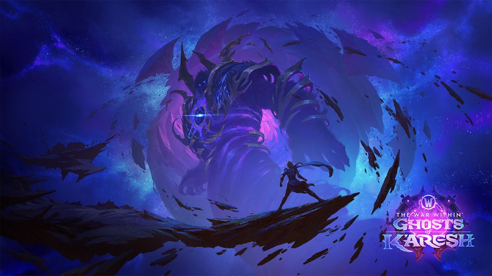 In the center of the image, there is an extremely large Void creature that is surrounded by infinite space. The creature is planet-sized, with a glowing sphere of magic in the center of their chest. The entire setting and background are a dark blue and bright purple that appear as many swirls as a midnight sky, and shimmers with tiny bright specks that could be stars or magical energy. In front of the image, there are many clusters of small broken rocks, and a small figure standing on top of them. They appear small in front of the large Void creature who towers above them. Behind the Void creature is a large swirling rock broken in many pieces and glowing purple energy coming from the center of the broken rock, perhaps it is a destroyed planet a victim of the Void creature's power. In the bottom right of the image is the WoW logo with the words, “The War Within,” and ”Ghosts of K’aresh”.