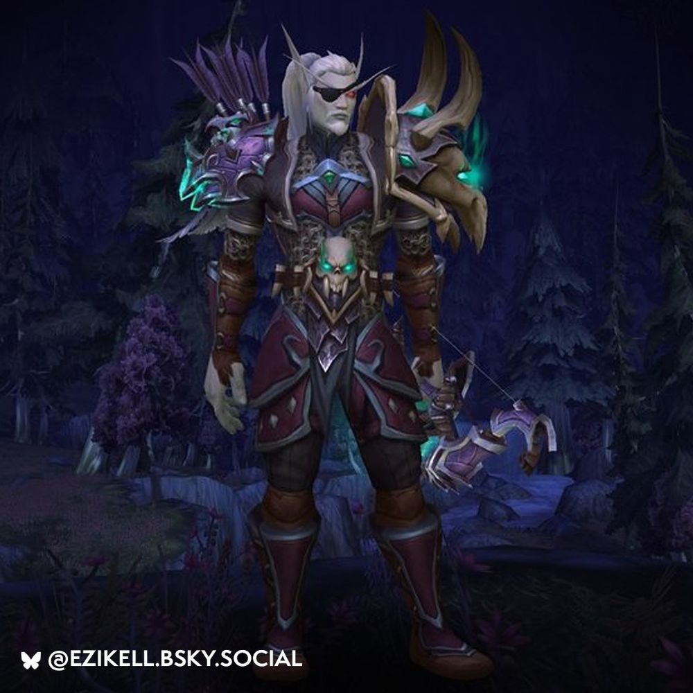 The image centers on a Blood Elf player character in World of Warcraft. The character is standing on an outcropping in a dark, forested region, holding a bow and carrying arrows in a quiver on their back. They’re wearing an eyepatch and decked out in armor covered with skulls and sharp angles. 