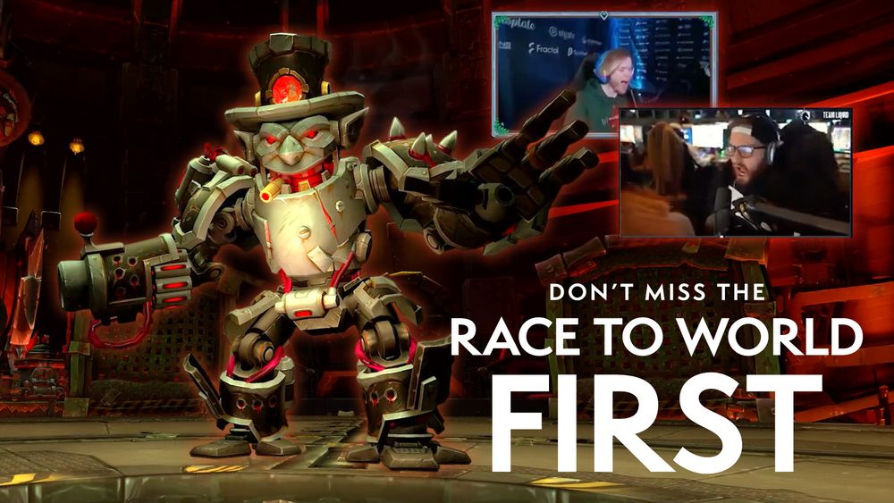 An image of Chrome King Gallywix, the final boss of Liberation of Undermine, with two small screenshots to the right featuring world-first raiders giving victory screams. Large text in the lower right reads “Don’t Miss the Race to World First”. The giant mech boss is made in Gallywix’s image, with a metal goblin face and top hat, in which Gallywix himself can be seen through a round red window. Jagged metal and goblin machinery fill the background.