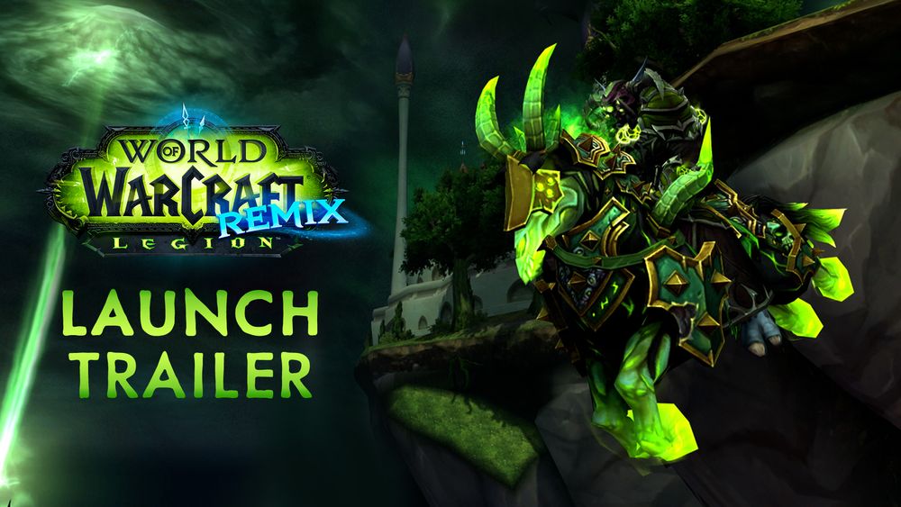 On the left side of the image, there is the World of Warcraft: Legion Remix logo. Under the logo, there is text that reads, "Launch Trailer". On the right side of the image is a Troll decked out in black and green armor. They are riding on a Felscorned Reins of the Netherlord's Dreadsteed, a mount that is mostly black with bright fel green on its extremities. It has prominent, bright green horns that extend to the sky. In the background of the image, there is a small island against a dark green and black sky. The character and the mount seem to be having a great time careening off the cliff into inky black nothingness.
