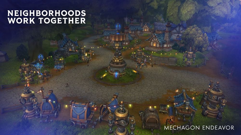 The image centers on a neighborhood with carts scattered around. The homes and carts are decorated similarly, with blue, white, and brown being the main colors. In the center of the image is a metal fixture that stands tall above the houses. At the top is a lightning rod crackling with white-blue energy. At the top left, there is text that reads, “Neighborhoods work together.” At the bottom right, there is text that reads, “Mechagon Endeavor.”