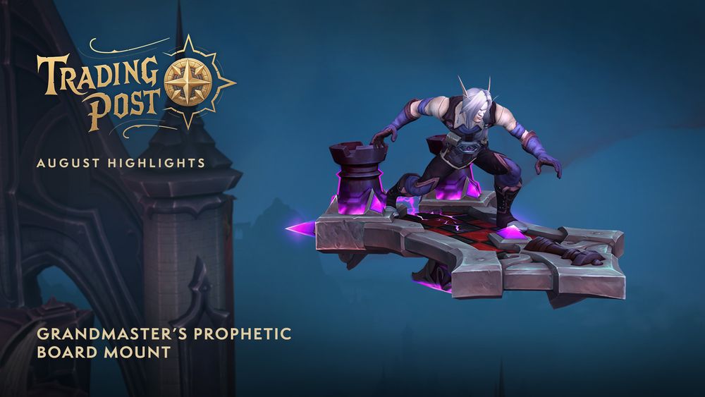On the right side of the image, there is a Blood Elf with greyish white hair. The Blood Elf is crouched over slightly, riding on top of a large metal chessboard that is a flying mount. The board's spaces are black and red tiles; this is where the Blood Elf’s feet are planted. The exterior trim of the board is a dark silver metal. On the front of the board, there is a large chess piece as a decoration on the front, which is emblazoned on the board. On the back of the board are two large black Rook chess pieces standing upright. Near the bottom of the Rook pieces, they are surrounded by a bunch of glowing purple crystals or gemstones. 

Behind the Blood Elf is a dark night sky. On the right side of the image are rooftops from a castle peeking out. To the top left of the image, the text reads, “Trading Post” and “August Highlights”. At the bottom left corner, the text reads, “Grandmaster’s Prophetic Board Mount”.